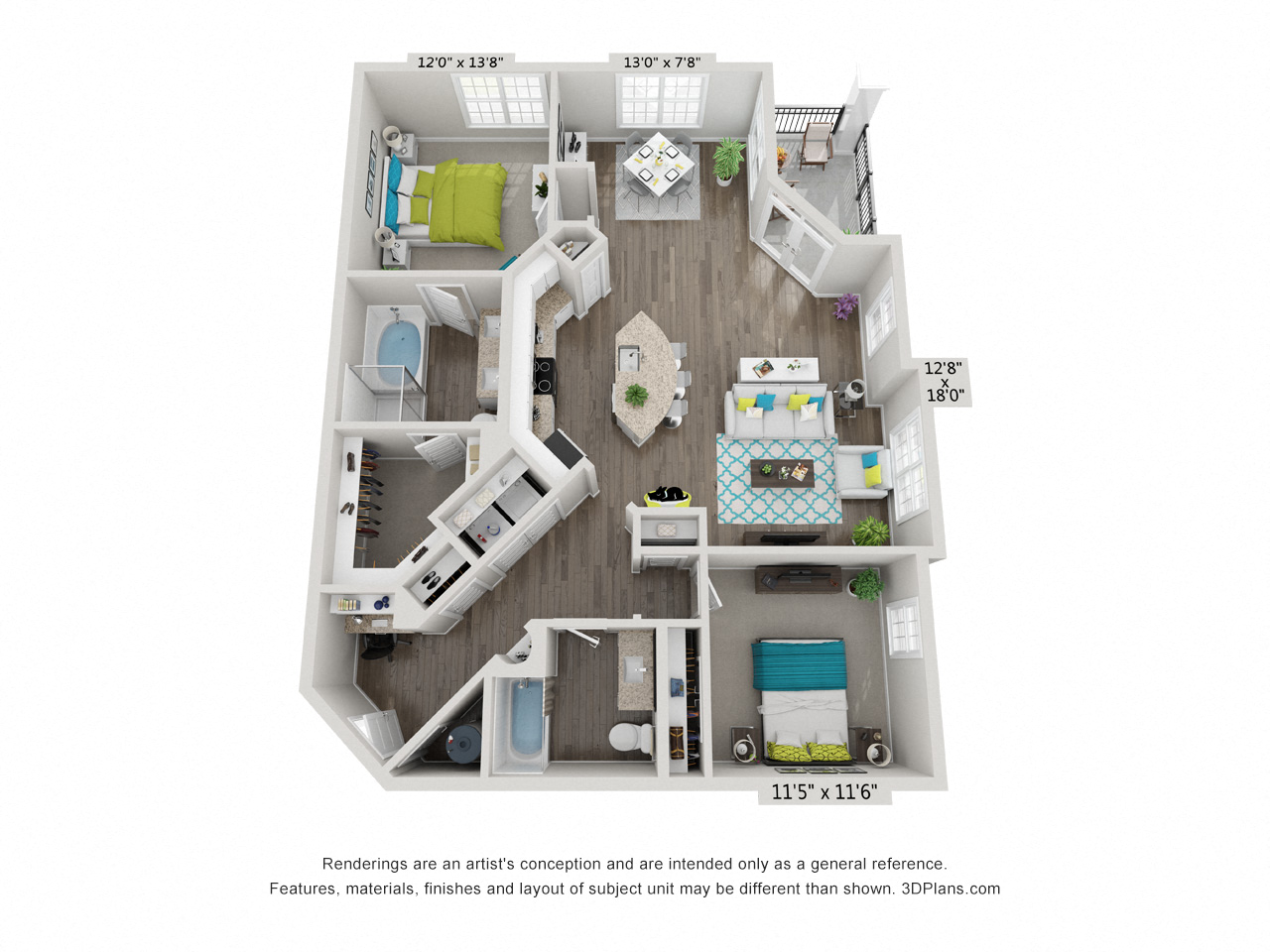 Floor plan for 2 beds, 2 baths, 1333 sqft